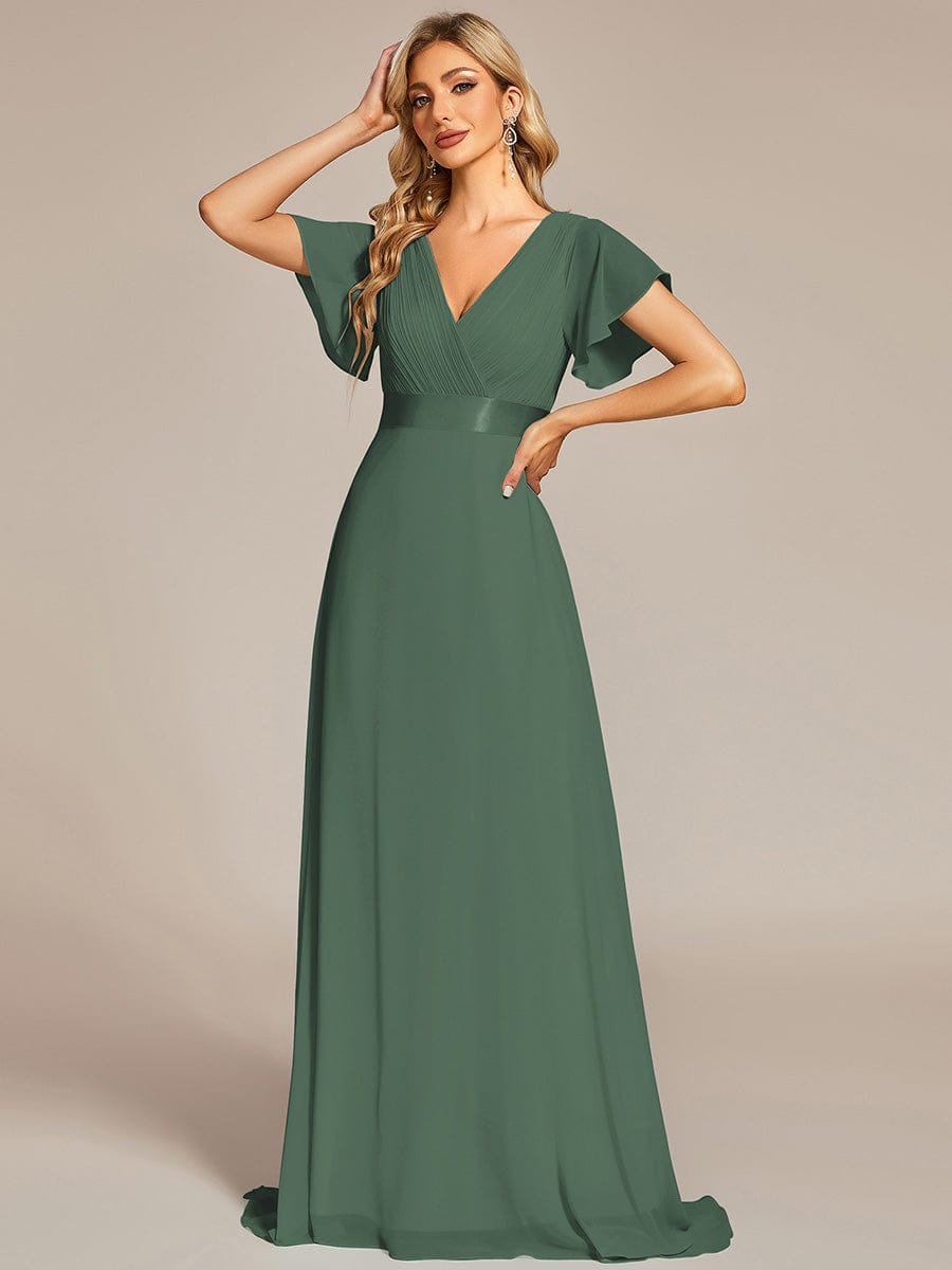 MONICA|Long Empire Waist Bridesmaid Dress with Short Flutter Sleeves