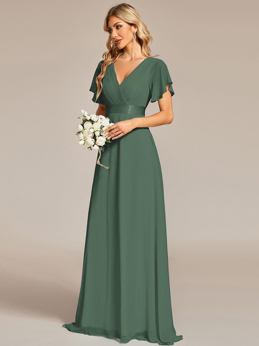 MONICA|Long Empire Waist Bridesmaid Dress with Short Flutter Sleeves