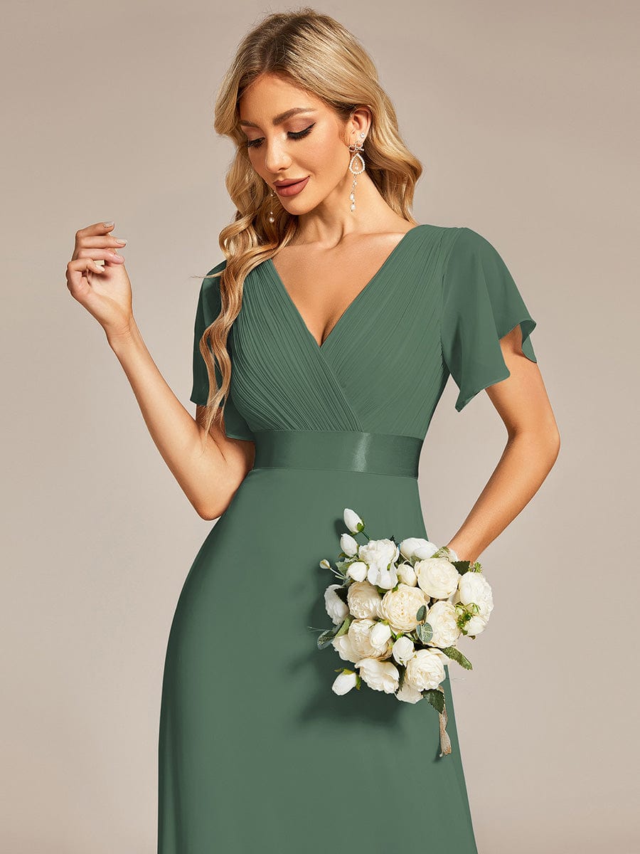 MONICA|Long Empire Waist Bridesmaid Dress with Short Flutter Sleeves