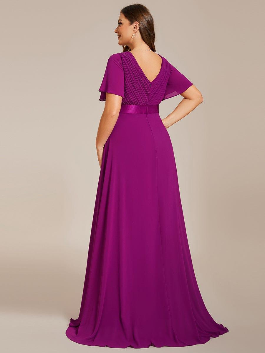 pretty MONICA|Plus Size Empire Waist V Back Bridesmaid Dress with Short Sleeves