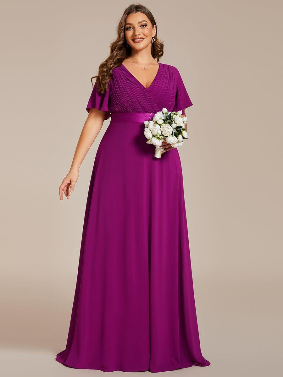 pretty MONICA|Plus Size Empire Waist V Back Bridesmaid Dress with Short Sleeves