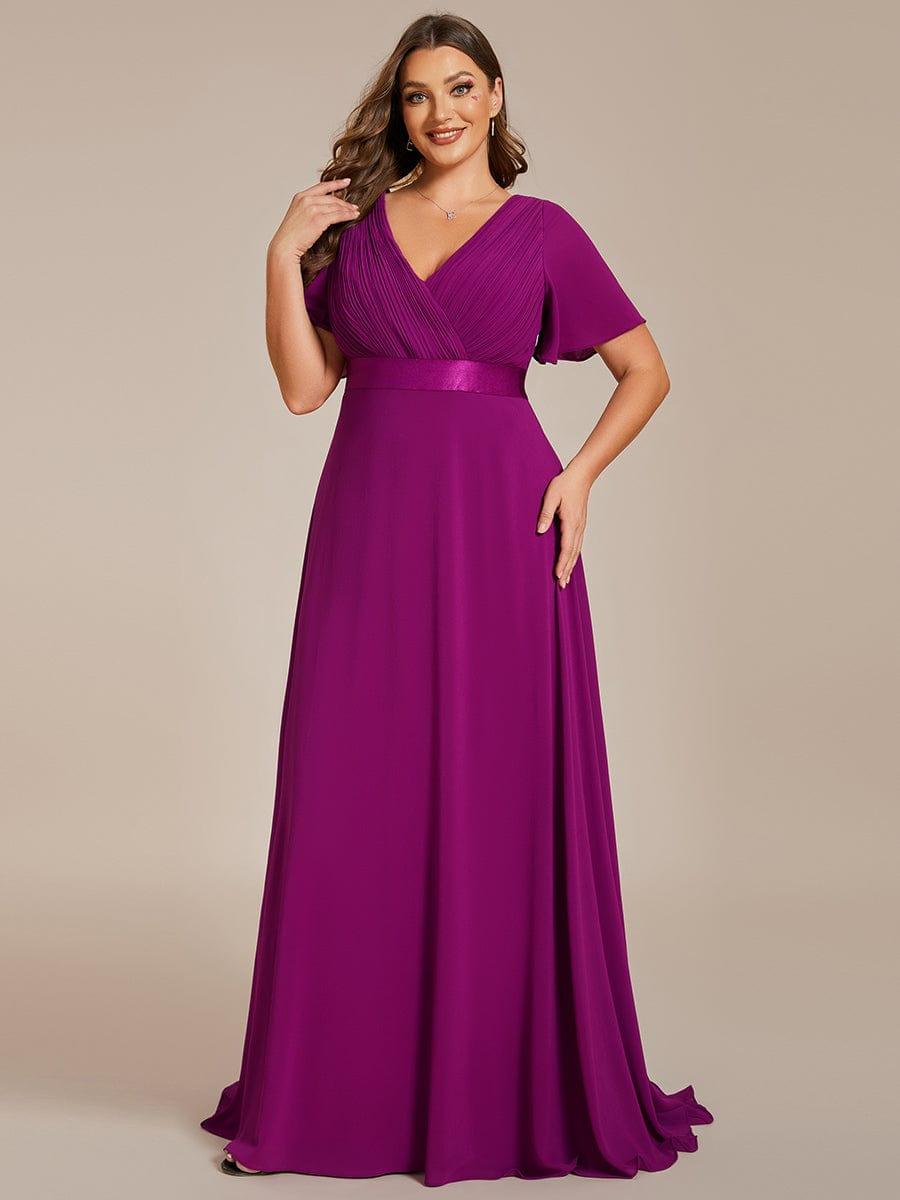 pretty MONICA|Plus Size Empire Waist V Back Bridesmaid Dress with Short Sleeves