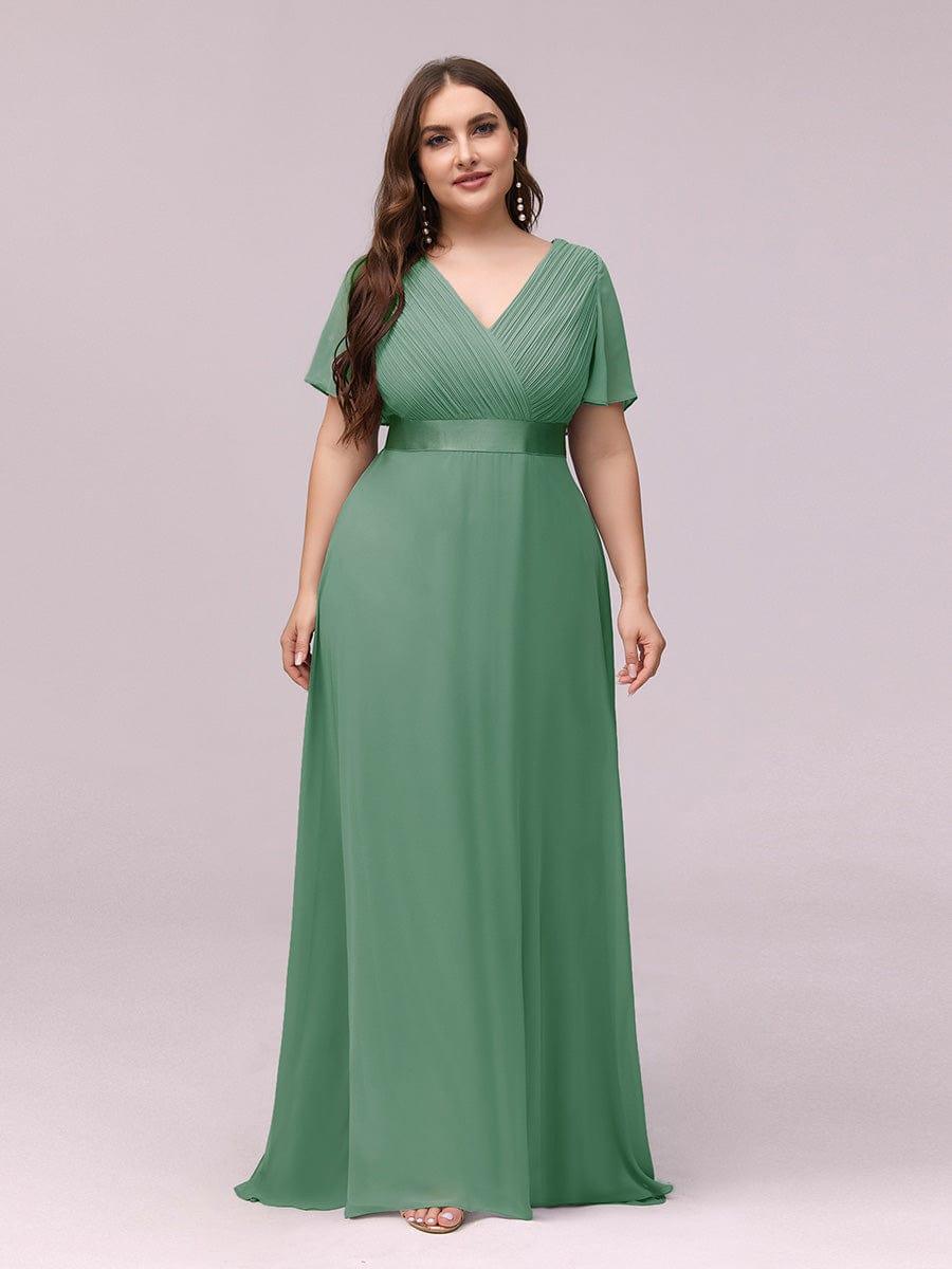 pretty MONICA|Plus Size Empire Waist V Back Bridesmaid Dress with Short Sleeves