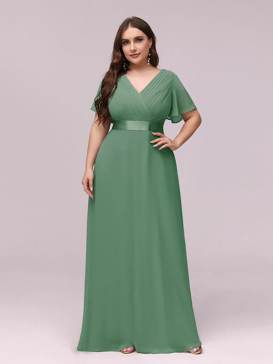 pretty MONICA|Plus Size Empire Waist V Back Bridesmaid Dress with Short Sleeves