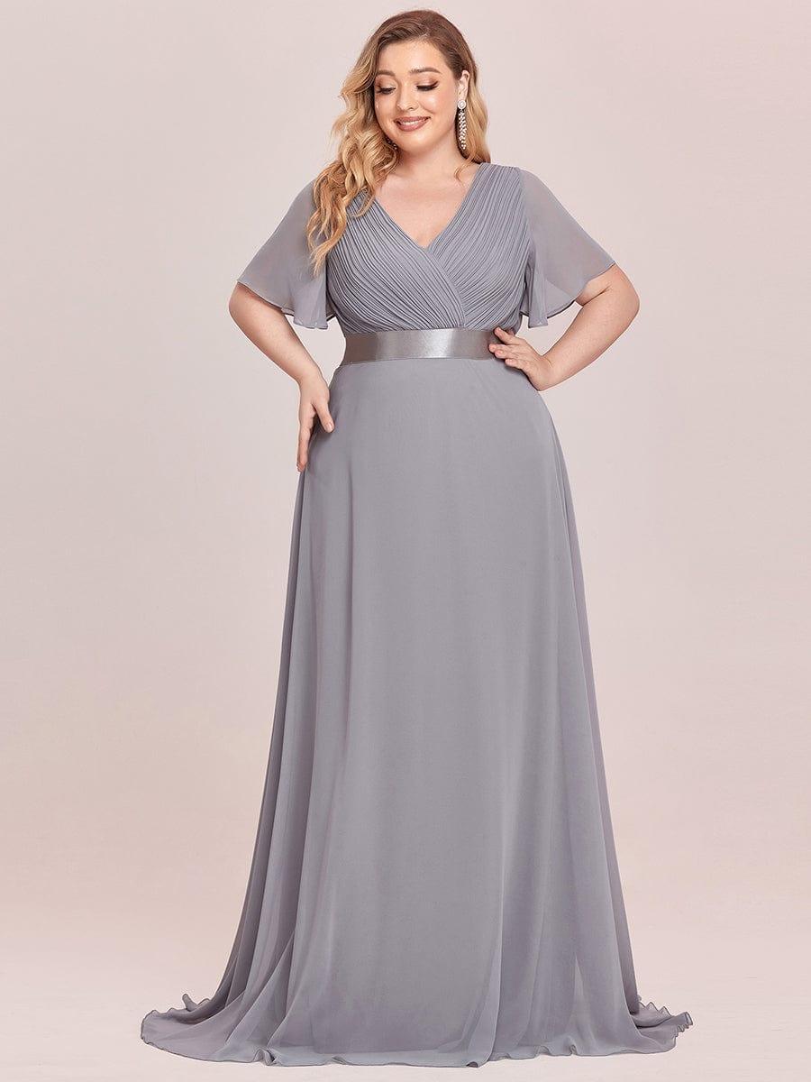 pretty MONICA|Plus Size Empire Waist V Back Bridesmaid Dress with Short Sleeves