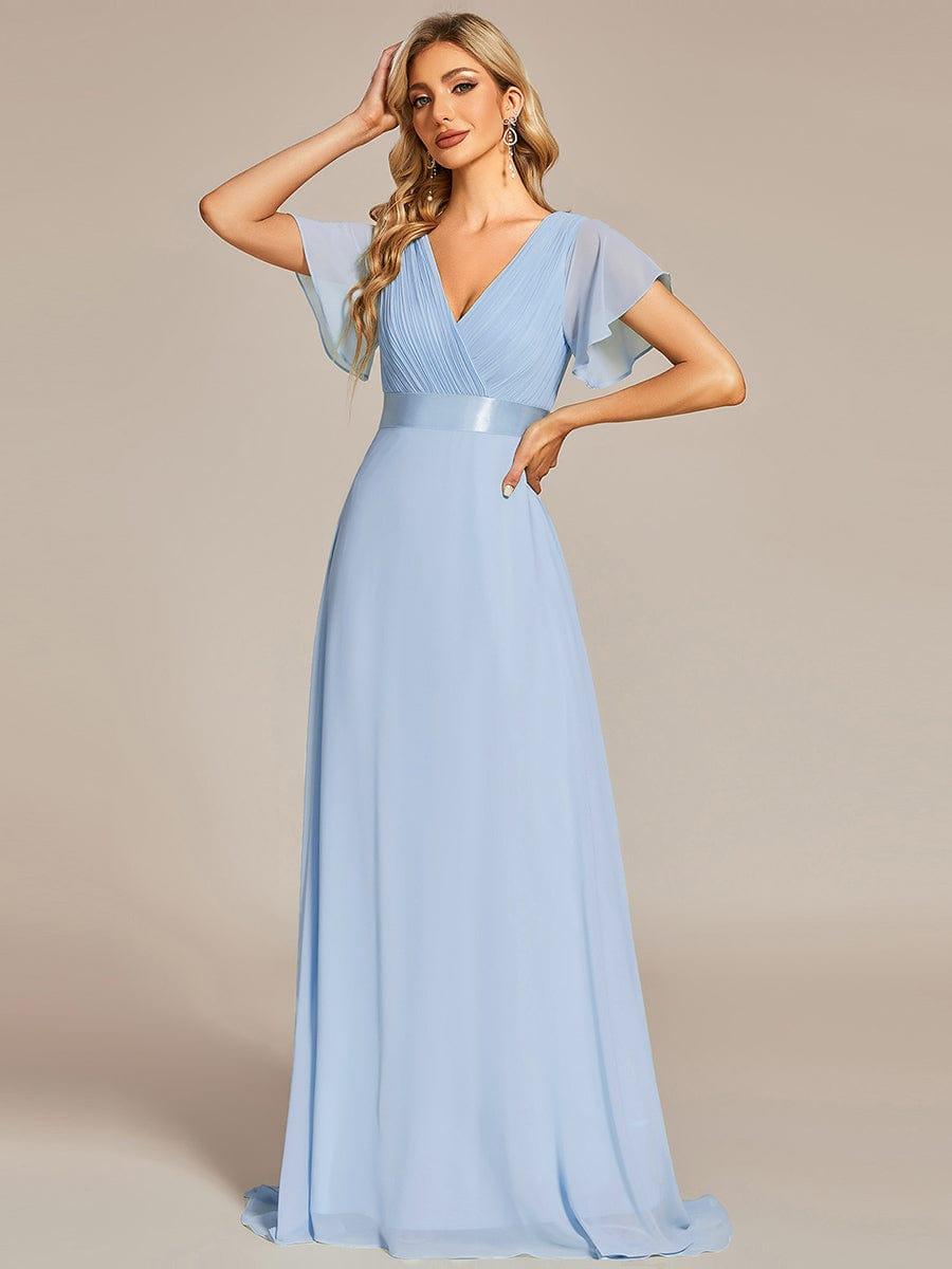 MONICA|Long Empire Waist Bridesmaid Dress with Short Flutter Sleeves
