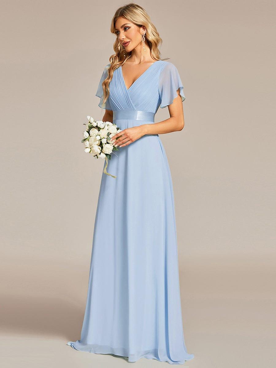 MONICA|Long Empire Waist Bridesmaid Dress with Short Flutter Sleeves