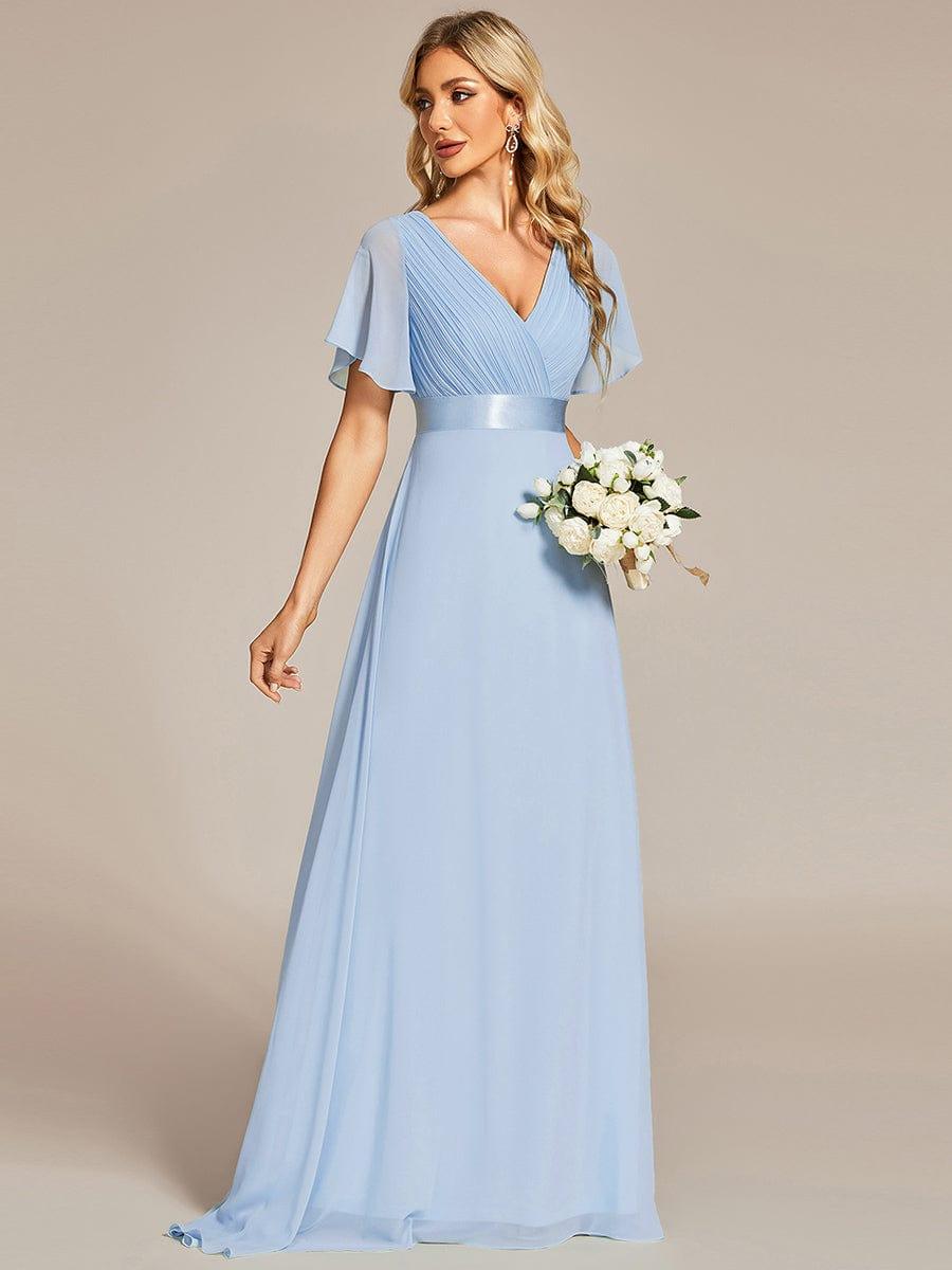 MONICA|Long Empire Waist Bridesmaid Dress with Short Flutter Sleeves
