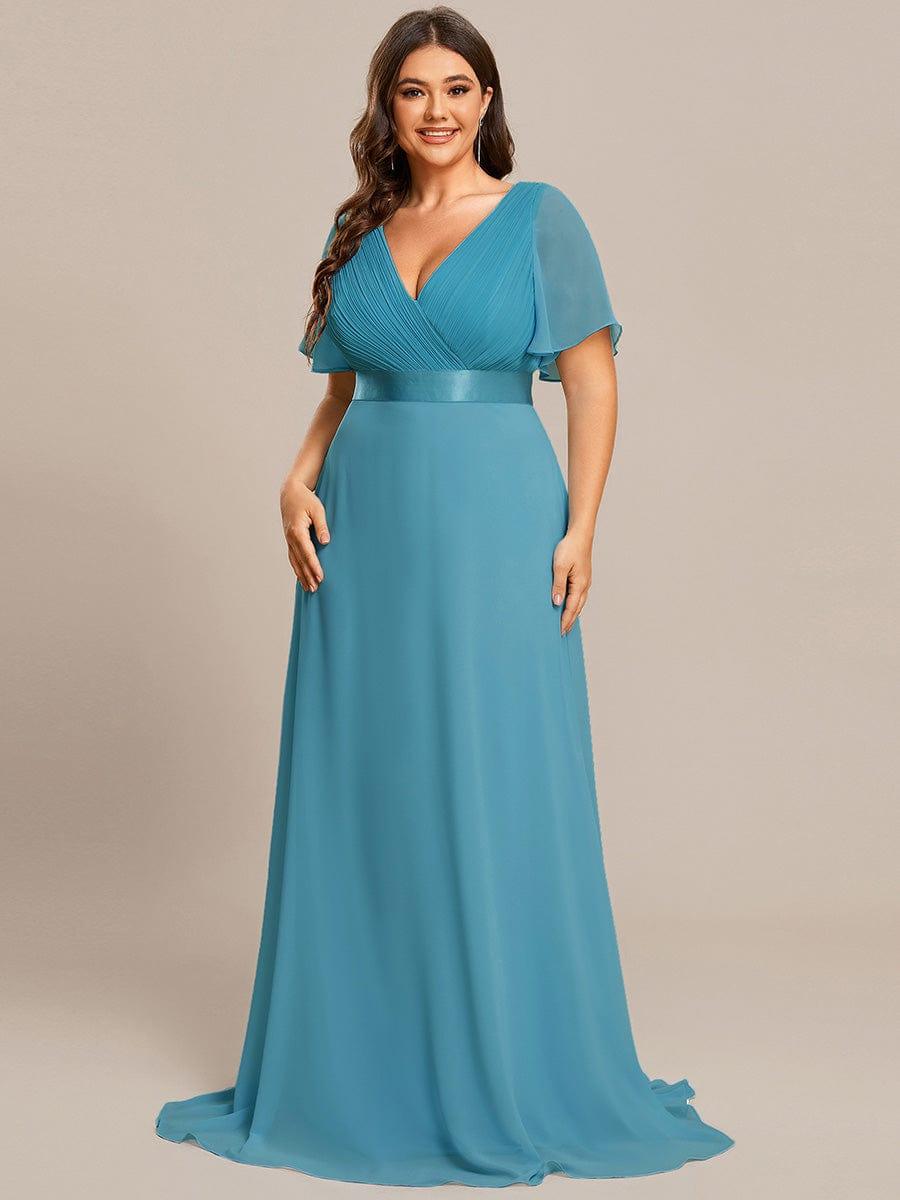 pretty MONICA|Plus Size Empire Waist V Back Bridesmaid Dress with Short Sleeves