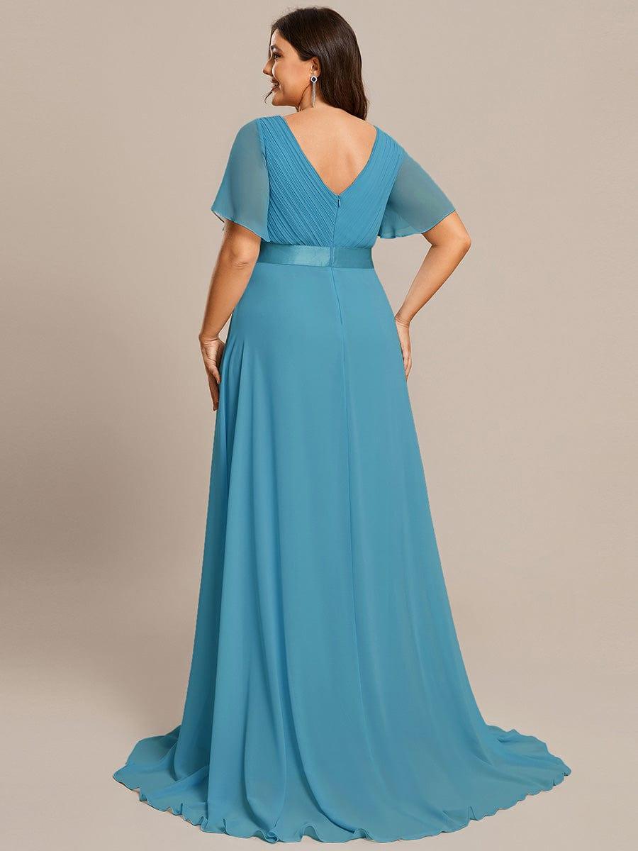 pretty MONICA|Plus Size Empire Waist V Back Bridesmaid Dress with Short Sleeves