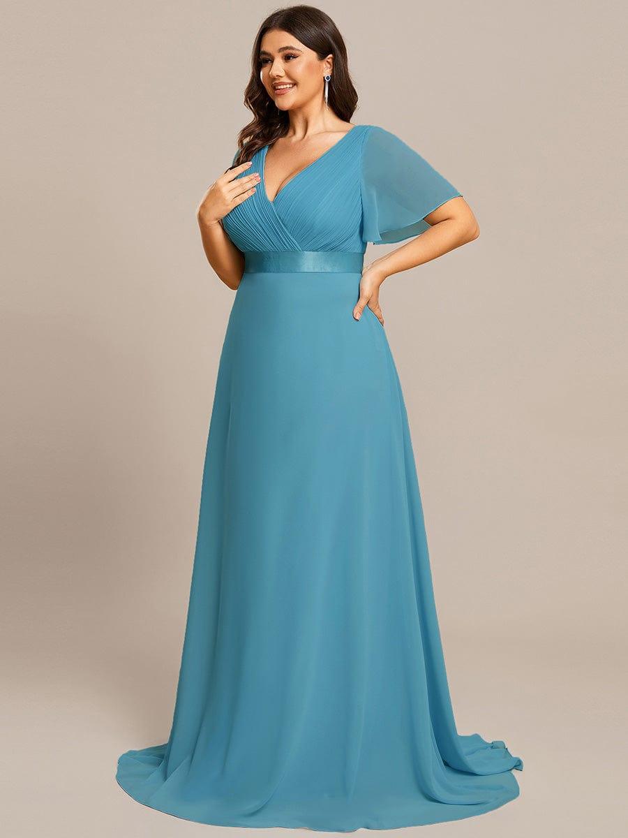 pretty MONICA|Plus Size Empire Waist V Back Bridesmaid Dress with Short Sleeves