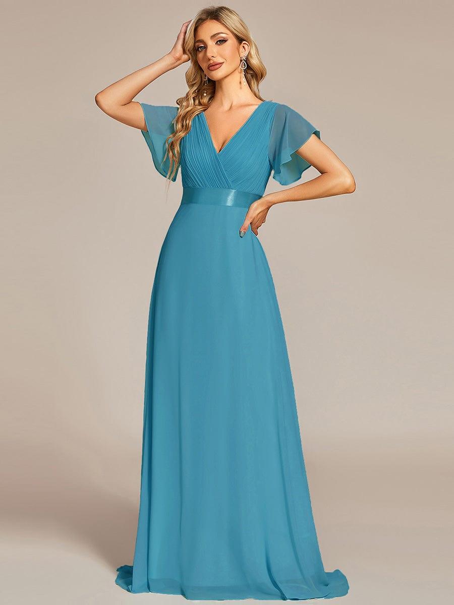 MONICA|Long Empire Waist Bridesmaid Dress with Short Flutter Sleeves