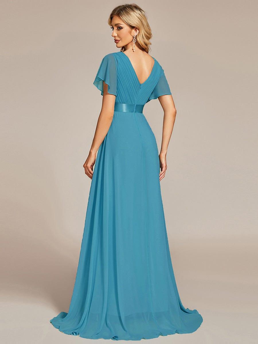 MONICA|Long Empire Waist Bridesmaid Dress with Short Flutter Sleeves