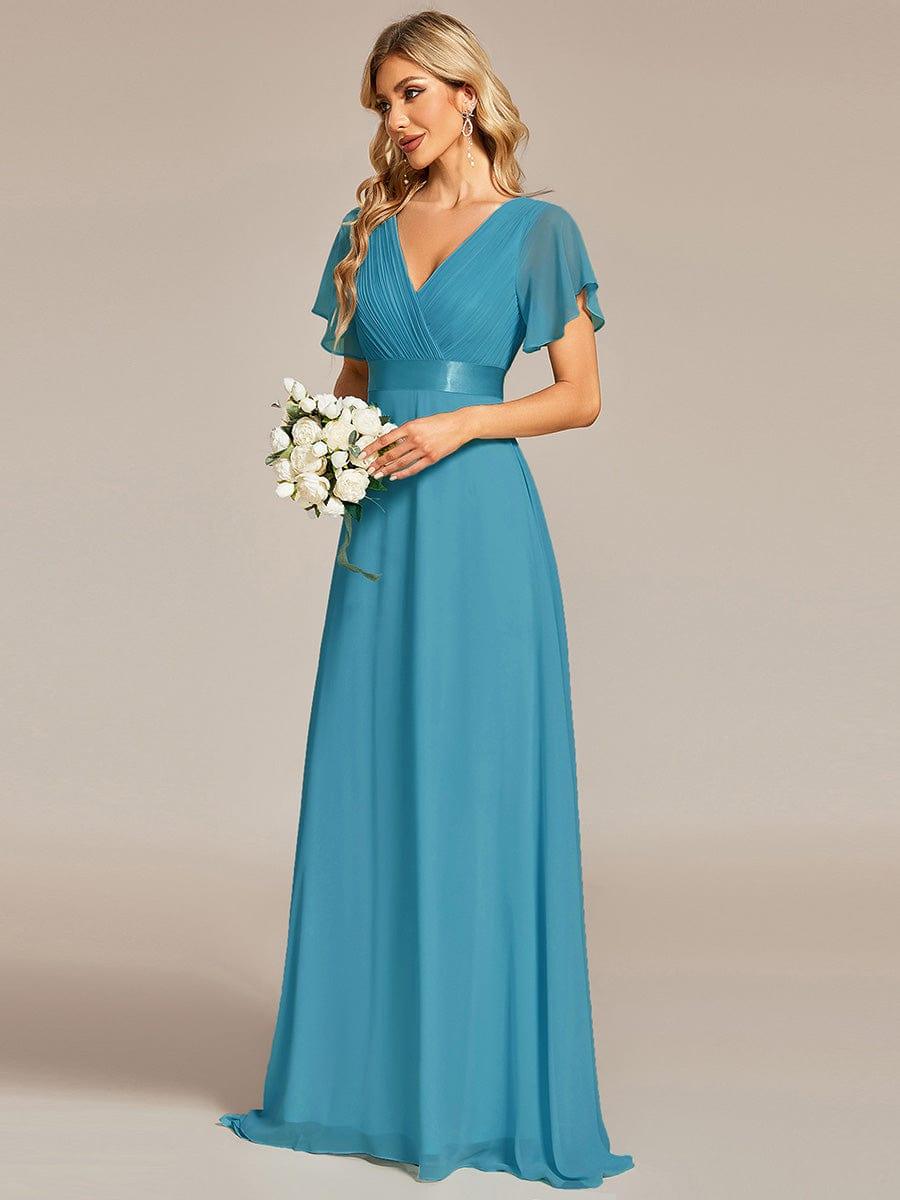 MONICA|Long Empire Waist Bridesmaid Dress with Short Flutter Sleeves