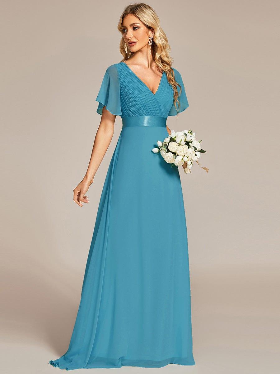 MONICA|Long Empire Waist Bridesmaid Dress with Short Flutter Sleeves