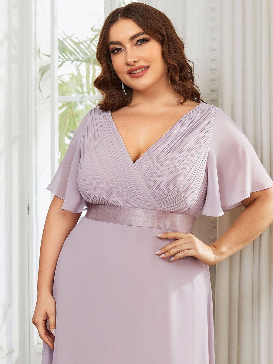 pretty MONICA|Plus Size Empire Waist V Back Bridesmaid Dress with Short Sleeves