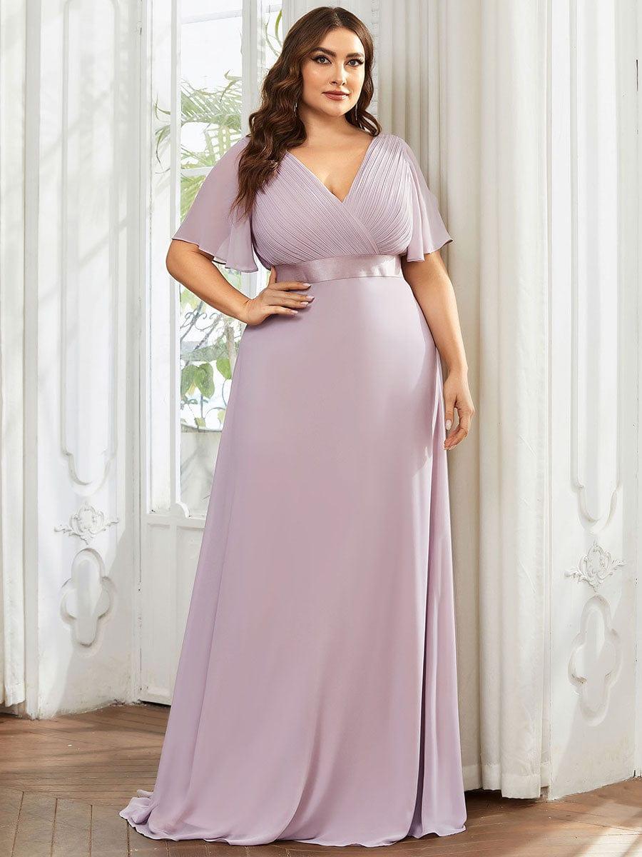 pretty MONICA|Plus Size Empire Waist V Back Bridesmaid Dress with Short Sleeves
