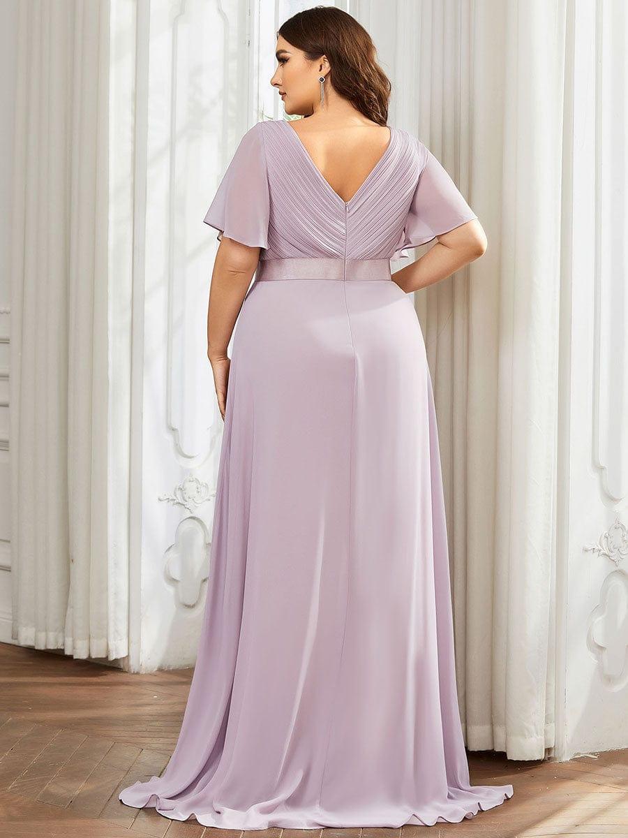 pretty MONICA|Plus Size Empire Waist V Back Bridesmaid Dress with Short Sleeves