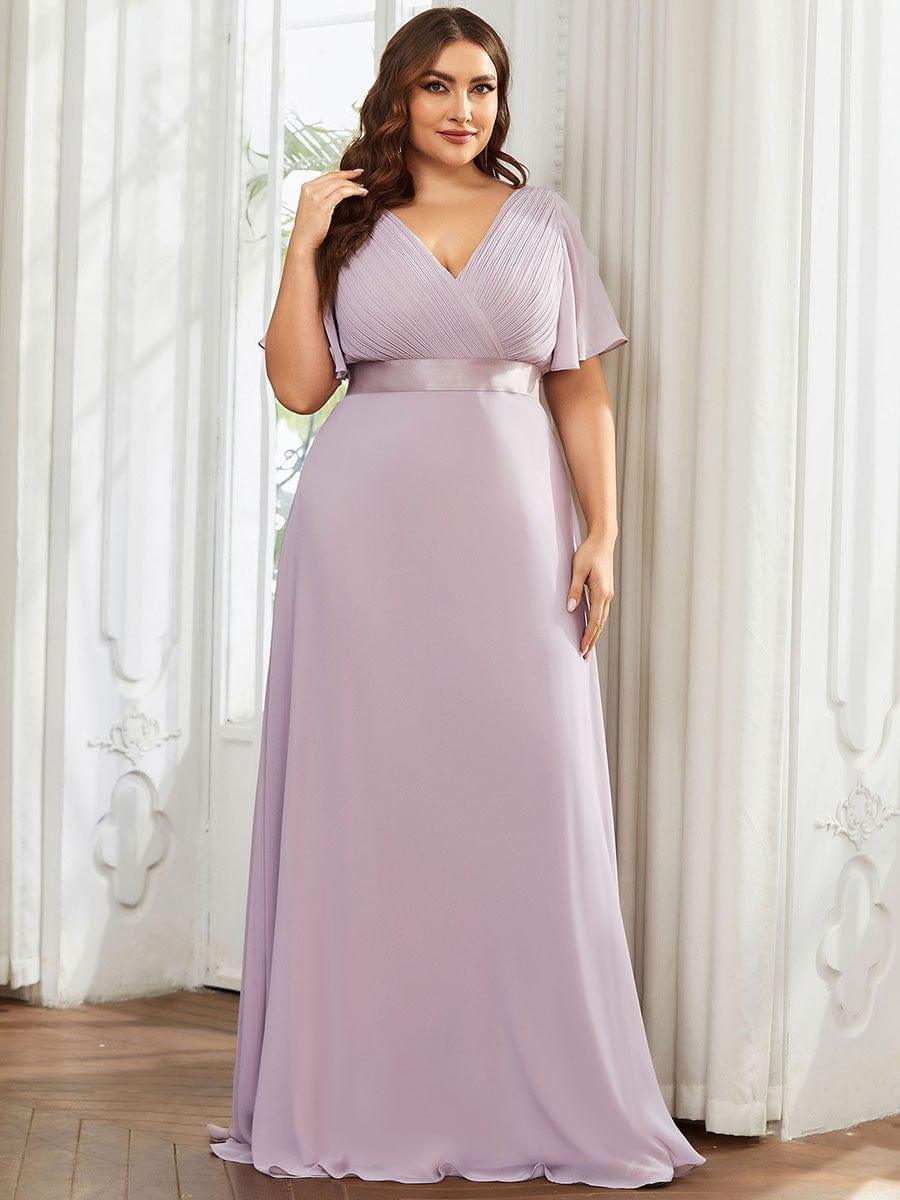 pretty MONICA|Plus Size Empire Waist V Back Bridesmaid Dress with Short Sleeves