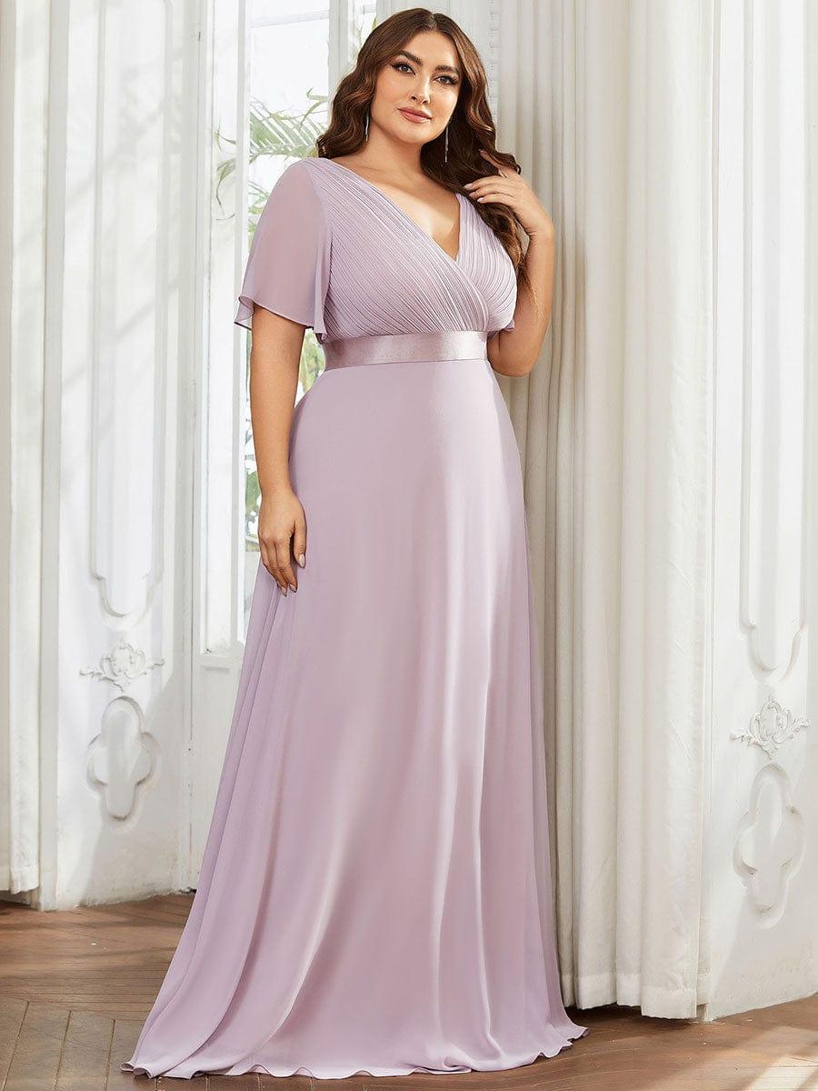 pretty MONICA|Plus Size Empire Waist V Back Bridesmaid Dress with Short Sleeves
