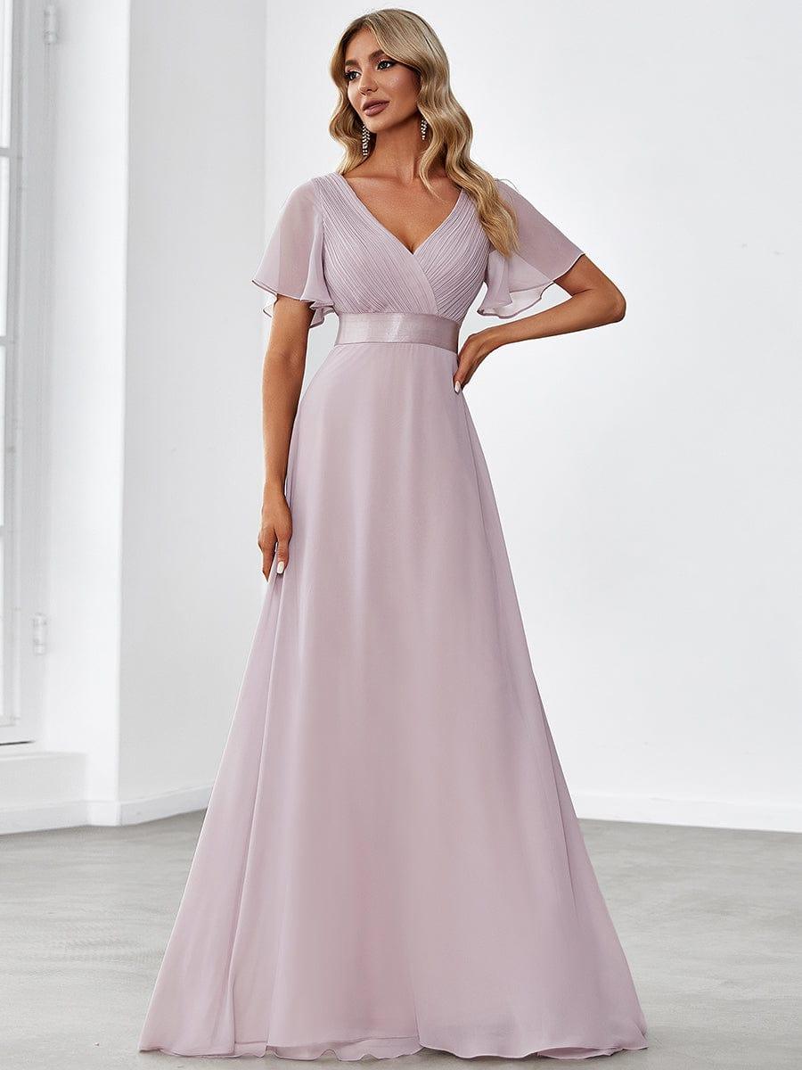 MONICA|Long Empire Waist Bridesmaid Dress with Short Flutter Sleeves