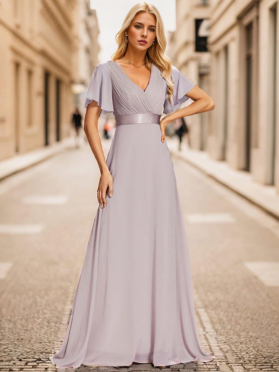 MONICA|Long Empire Waist Bridesmaid Dress with Short Flutter Sleeves