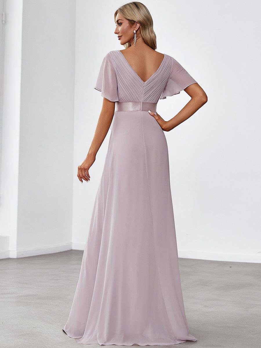 MONICA|Long Empire Waist Bridesmaid Dress with Short Flutter Sleeves