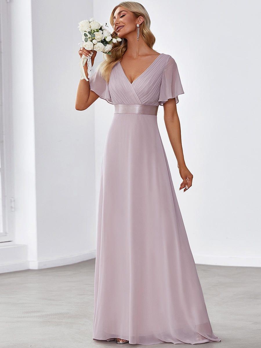 MONICA|Long Empire Waist Bridesmaid Dress with Short Flutter Sleeves
