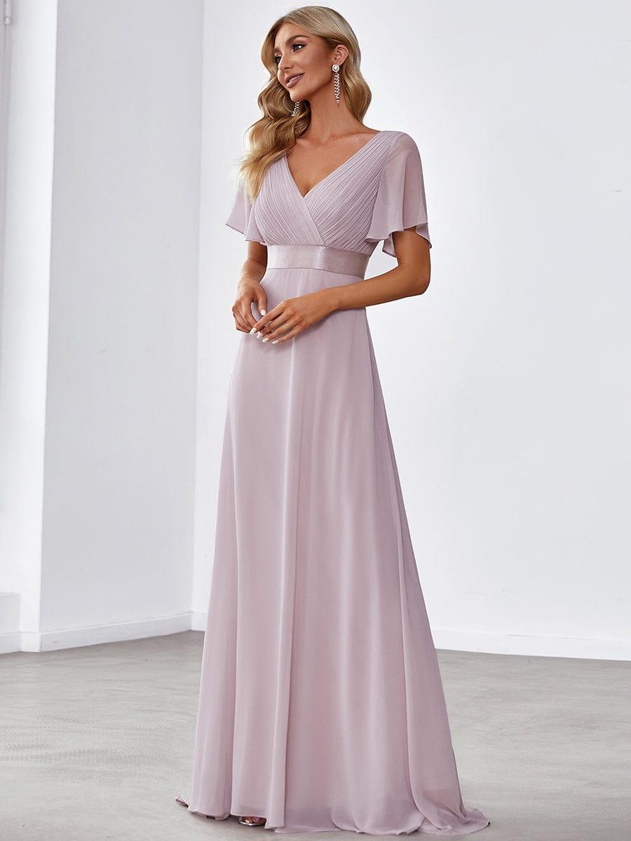MONICA|Long Empire Waist Bridesmaid Dress with Short Flutter Sleeves
