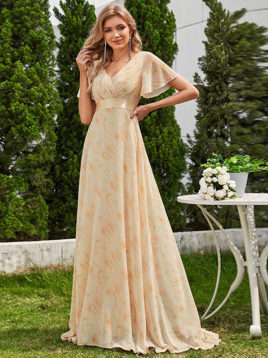 MONICA|Long Empire Waist Bridesmaid Dress with Short Flutter Sleeves