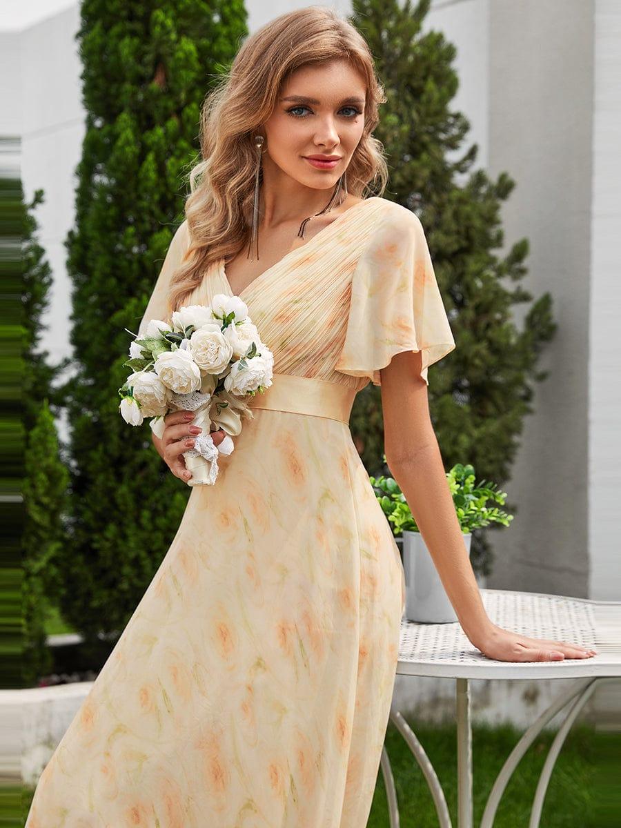 MONICA|Long Empire Waist Bridesmaid Dress with Short Flutter Sleeves