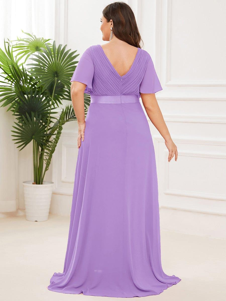 pretty MONICA|Plus Size Empire Waist V Back Bridesmaid Dress with Short Sleeves