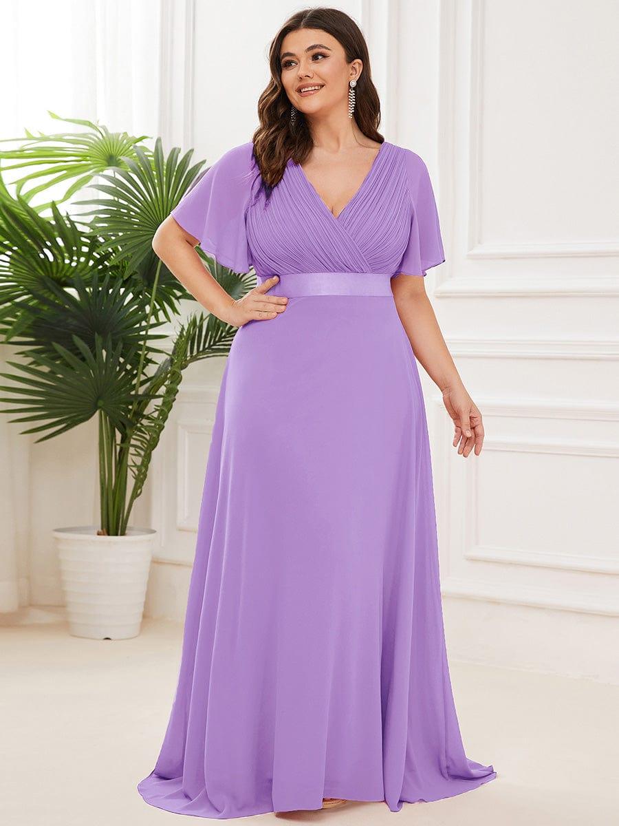 pretty MONICA|Plus Size Empire Waist V Back Bridesmaid Dress with Short Sleeves