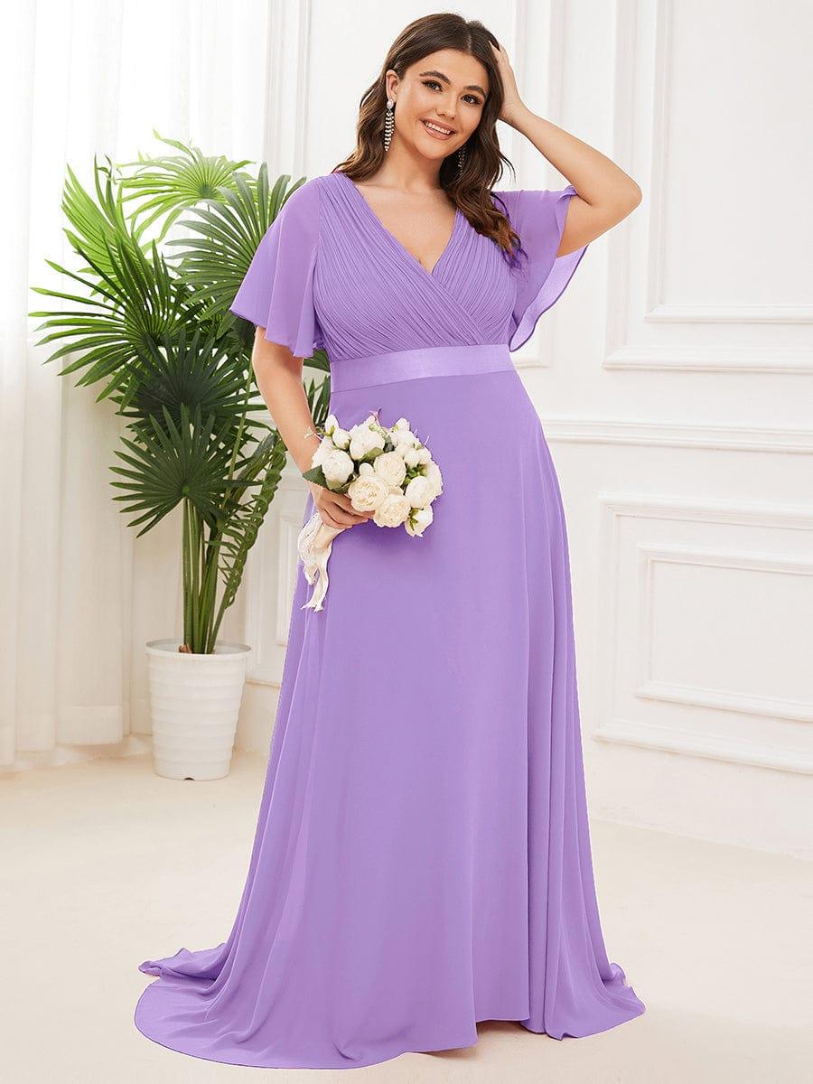 pretty MONICA|Plus Size Empire Waist V Back Bridesmaid Dress with Short Sleeves