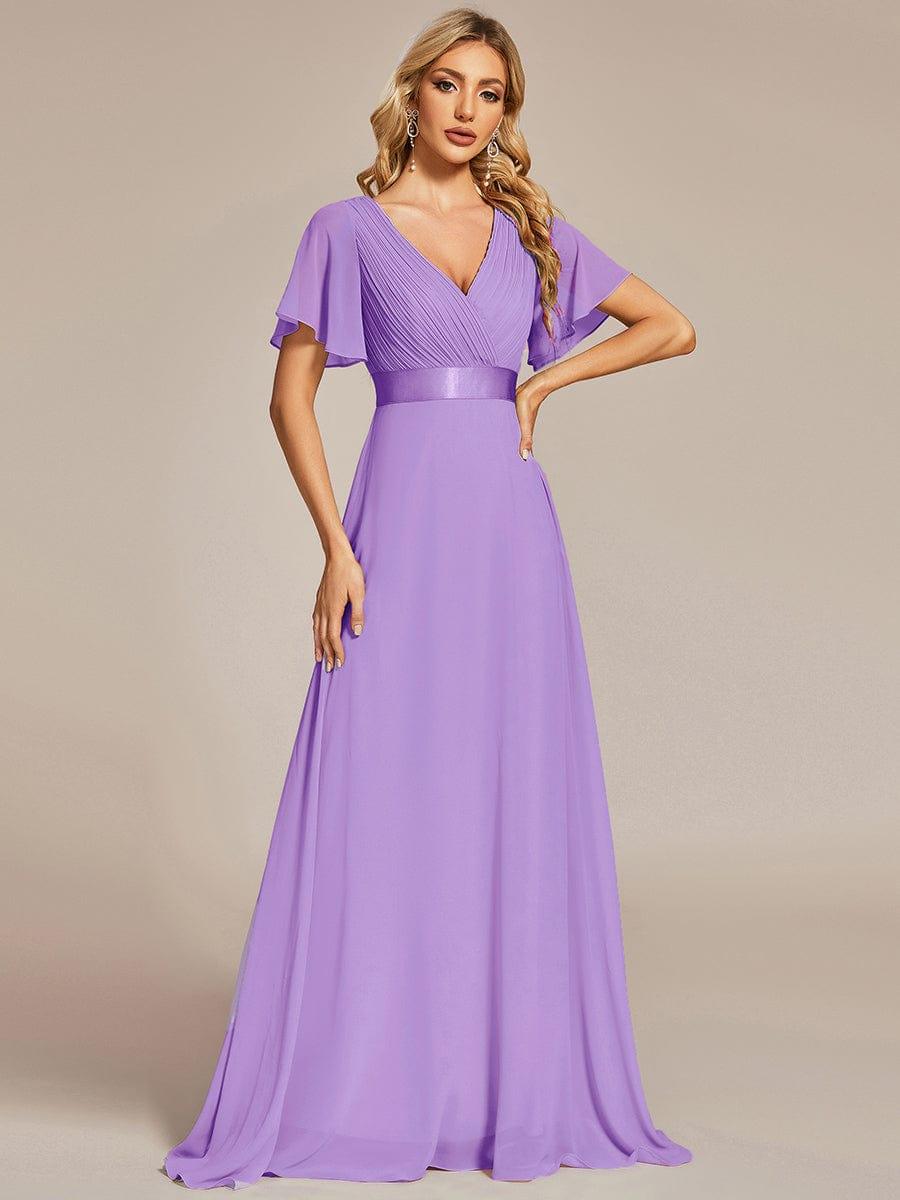 MONICA|Long Empire Waist Bridesmaid Dress with Short Flutter Sleeves