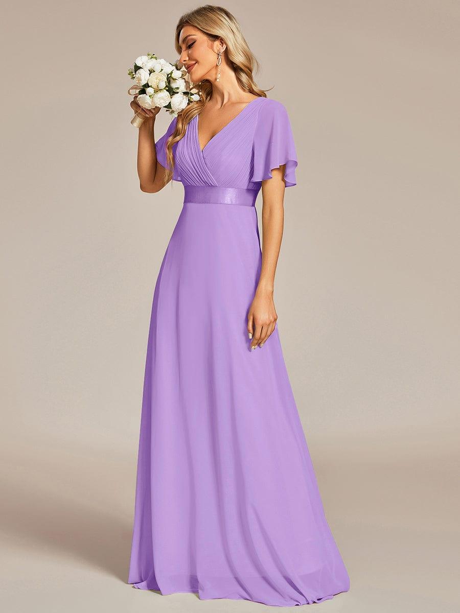 MONICA|Long Empire Waist Bridesmaid Dress with Short Flutter Sleeves