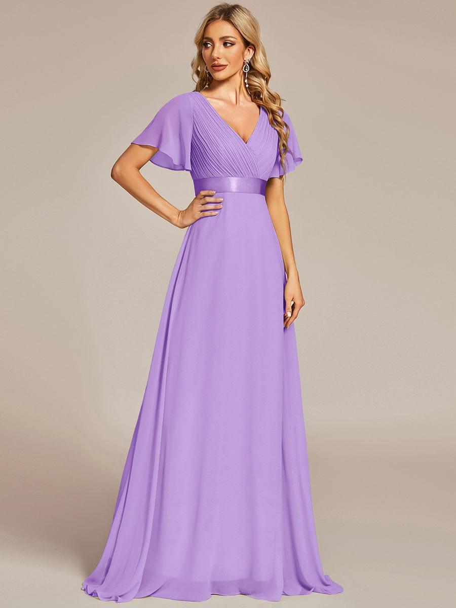 MONICA|Long Empire Waist Bridesmaid Dress with Short Flutter Sleeves