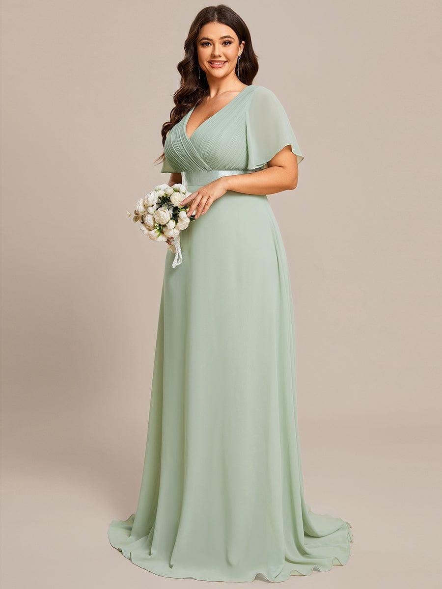 pretty MONICA|Plus Size Empire Waist V Back Bridesmaid Dress with Short Sleeves