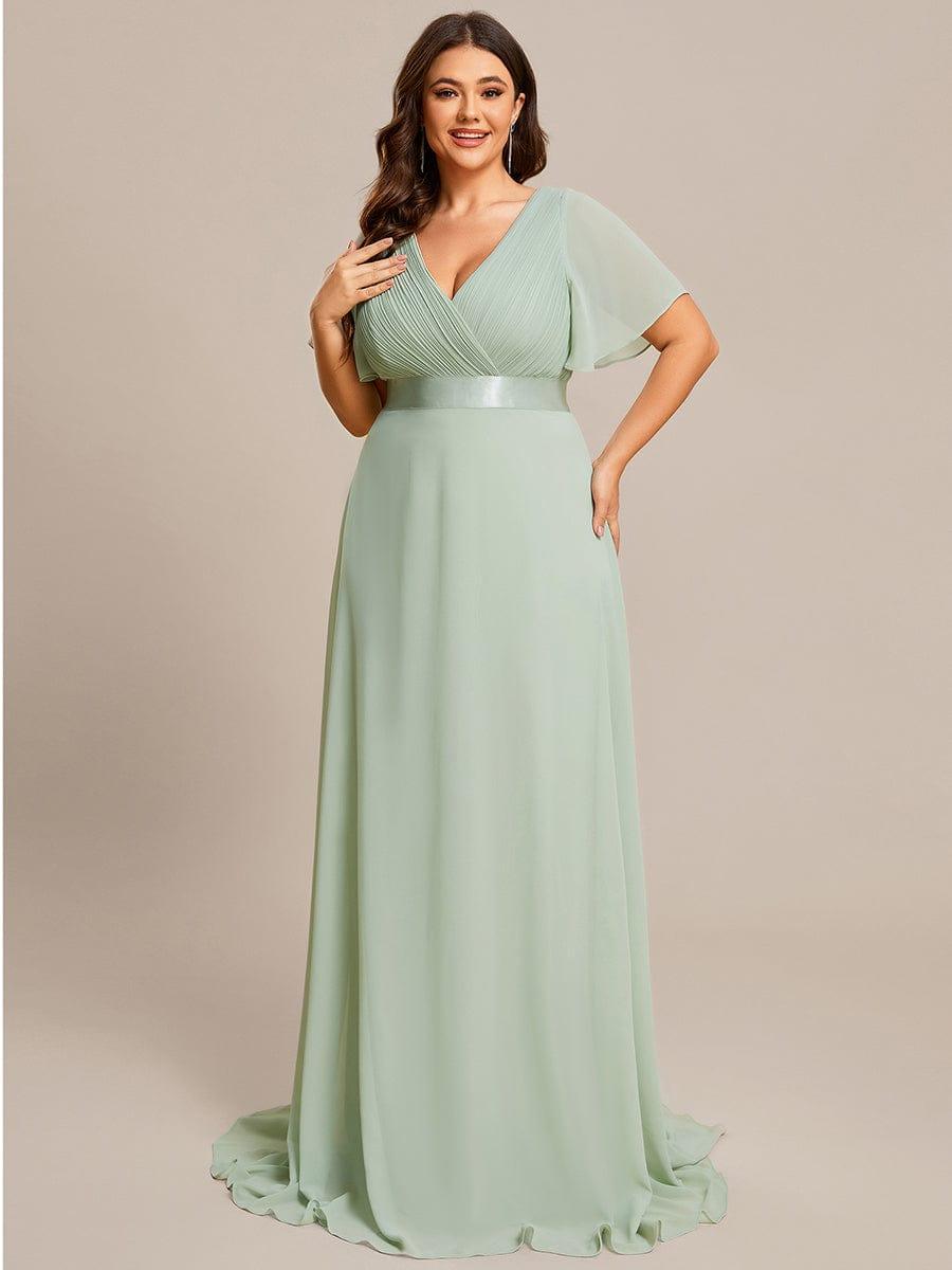 pretty MONICA|Plus Size Empire Waist V Back Bridesmaid Dress with Short Sleeves