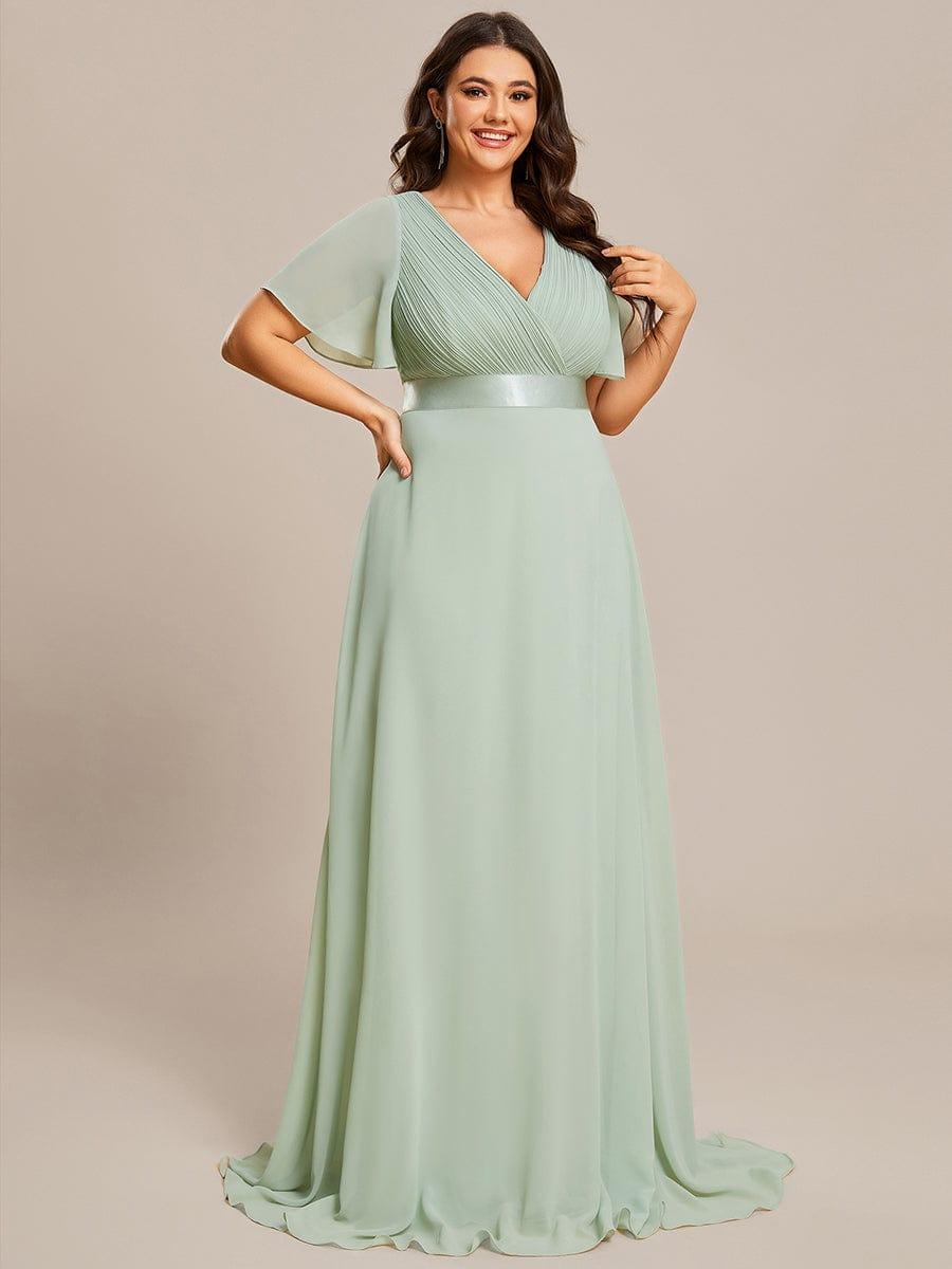 pretty MONICA|Plus Size Empire Waist V Back Bridesmaid Dress with Short Sleeves