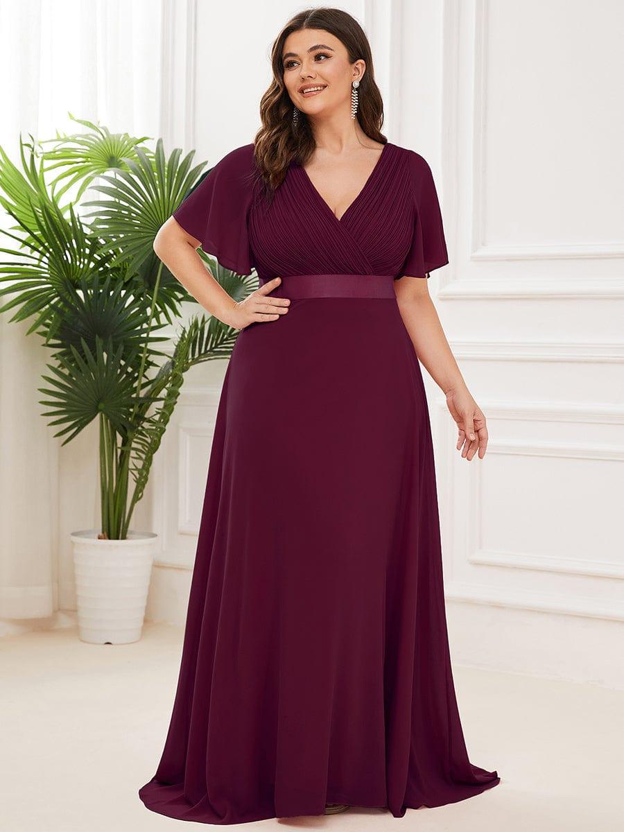 pretty MONICA|Plus Size Empire Waist V Back Bridesmaid Dress with Short Sleeves