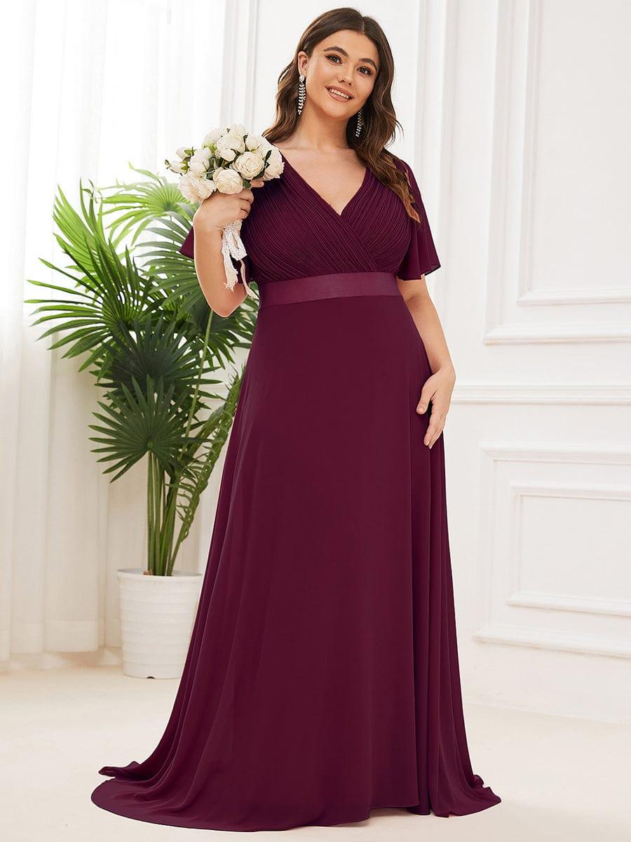 pretty MONICA|Plus Size Empire Waist V Back Bridesmaid Dress with Short Sleeves