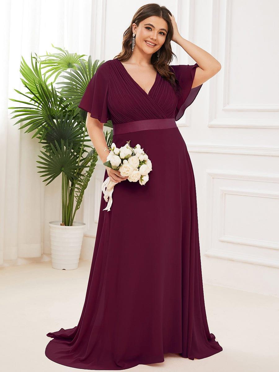 pretty MONICA|Plus Size Empire Waist V Back Bridesmaid Dress with Short Sleeves