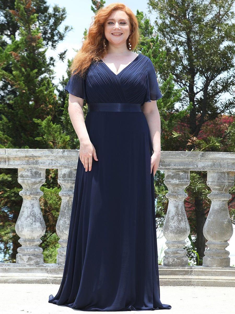 pretty MONICA|Plus Size Empire Waist V Back Bridesmaid Dress with Short Sleeves