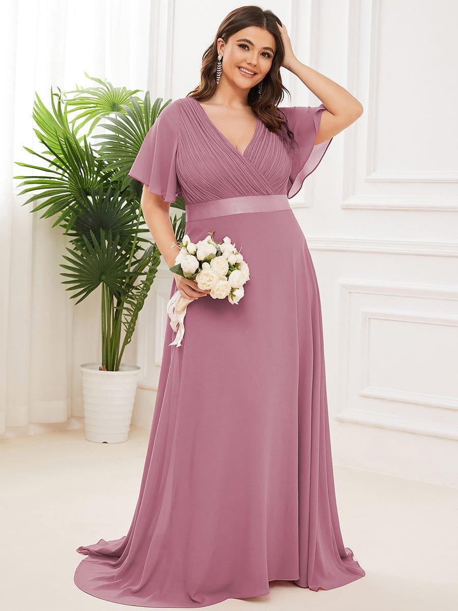 pretty MONICA|Plus Size Empire Waist V Back Bridesmaid Dress with Short Sleeves