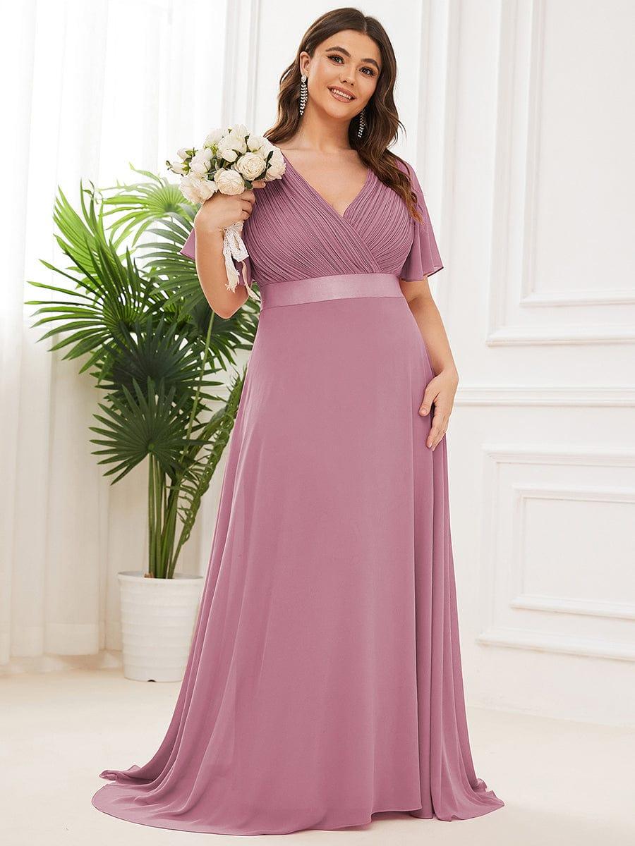 pretty MONICA|Plus Size Empire Waist V Back Bridesmaid Dress with Short Sleeves