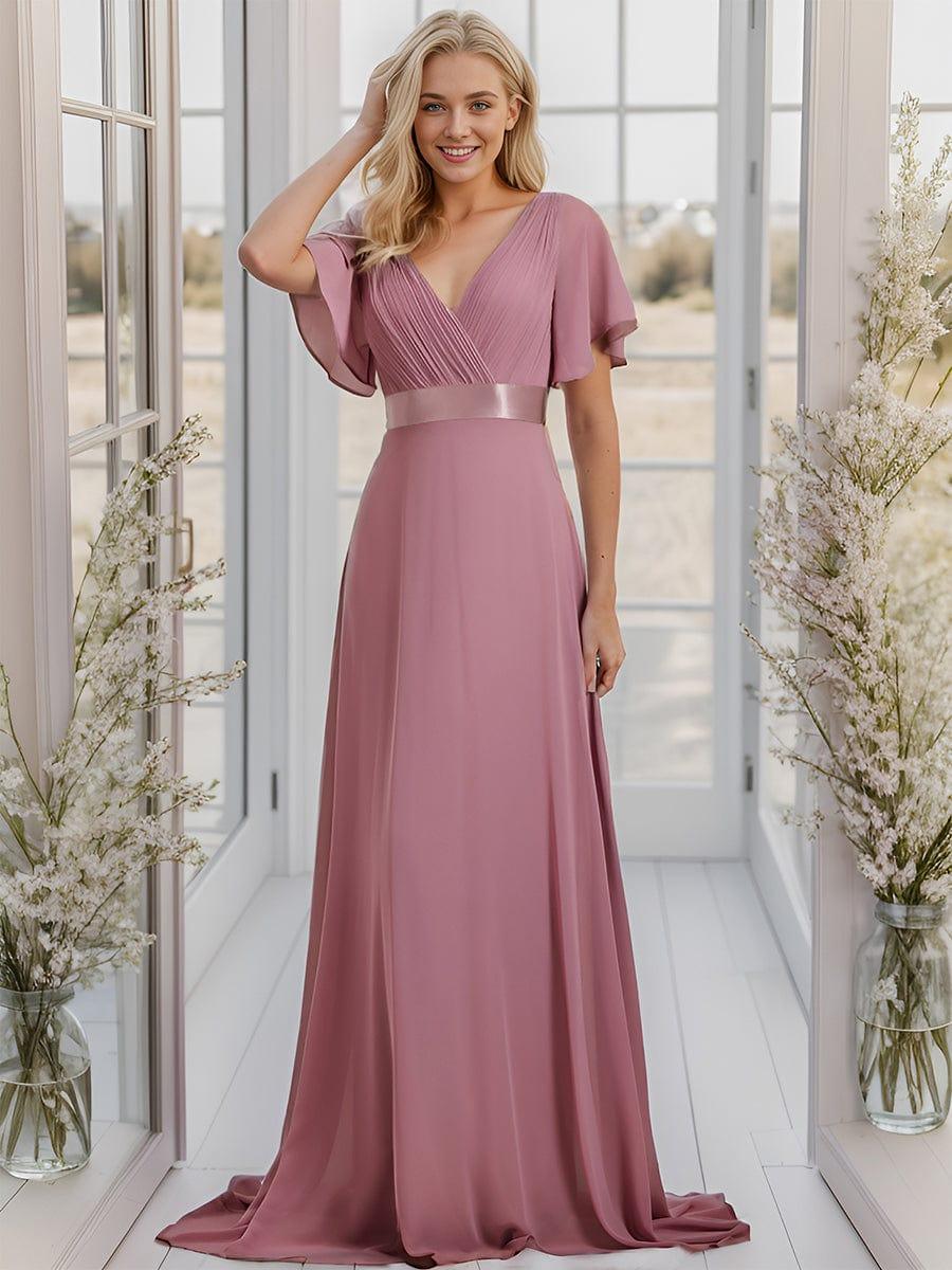 MONICA|Long Empire Waist Bridesmaid Dress with Short Flutter Sleeves