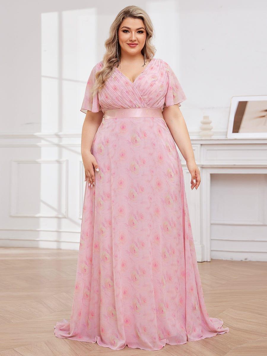 pretty MONICA|Plus Size Empire Waist V Back Bridesmaid Dress with Short Sleeves