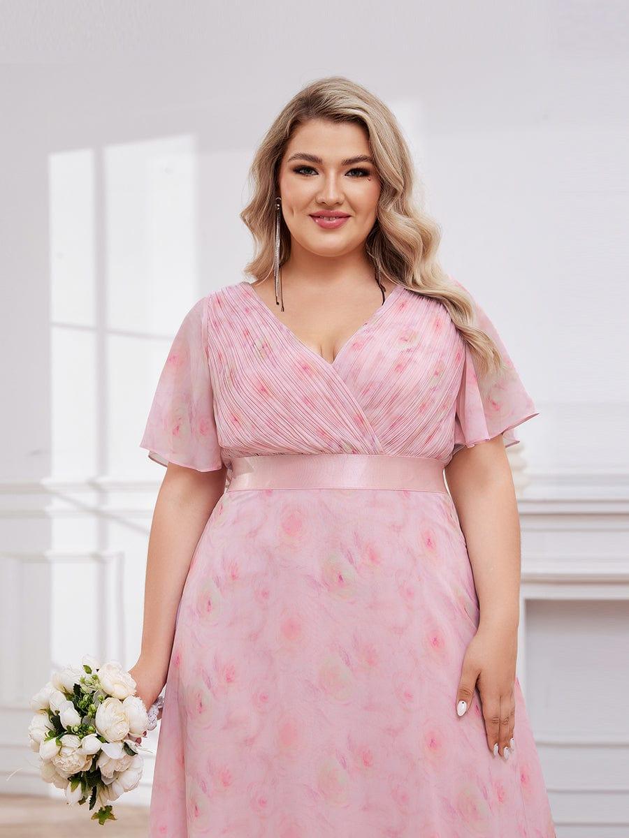 pretty MONICA|Plus Size Empire Waist V Back Bridesmaid Dress with Short Sleeves