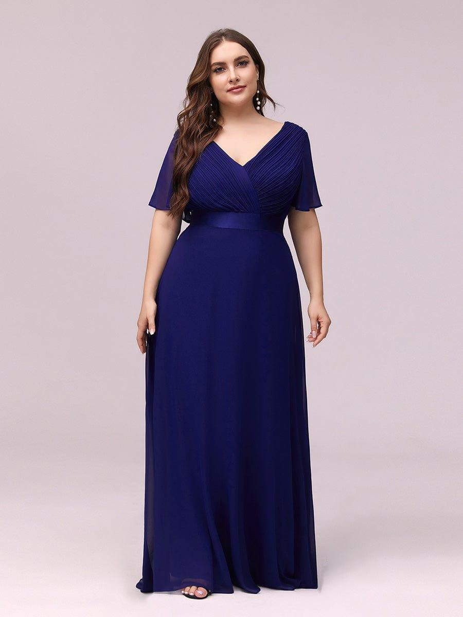 pretty MONICA|Plus Size Empire Waist V Back Bridesmaid Dress with Short Sleeves